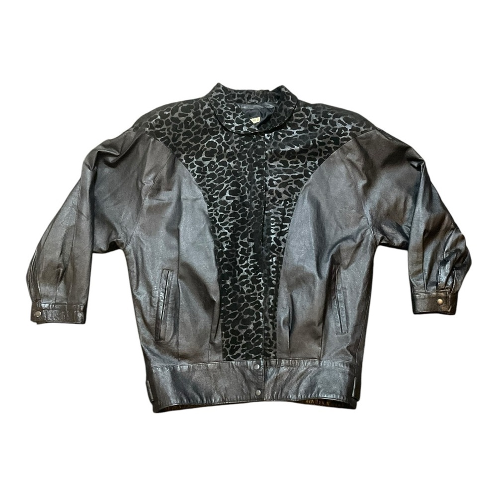 Unisex Vintage Leather Jacket Black Size Medium Collar Motorcycle Animal Print
